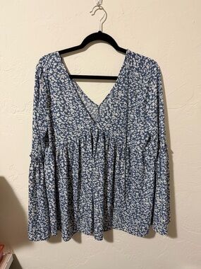 Pink Lily Blue Floral V-Neck Babydoll Tunic